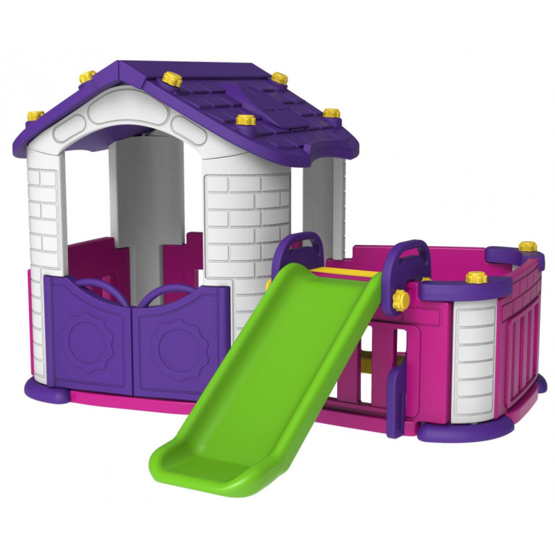 Domek ogrodowy 3w1 dla dzieci Fioletowy + Zjeżdżalnia + Ogródek z płotkiem
