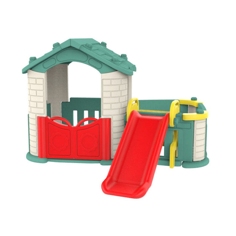 Duży Domek ogrodowy 5w1 dla dzieci + Zjeżdżalnia + Koszykówka + Ogródek + Stolik + 2 Krzesełka Zielony Dach