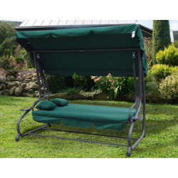Rodzinna Huśtawka ogrodowa z Daszkiem Zielony + Tekstylina 2x1 + Regulowane siedzisko + Materac + 2 Podstawki na napoje