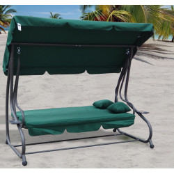 Rodzinna Huśtawka ogrodowa z Daszkiem Zielony + Tekstylina 2x1 + Regulowane siedzisko + Materac + 2 Podstawki na napoje