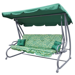 Rodzinna Huśtawka ogrodowa z Daszkiem Zielony wzór + Tekstylina 2x1 + Regulowane siedzisko + Materac + 2 Podstawki na napoje