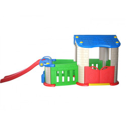 Domek ogrodowy 3w1 dla dzieci Niebieski + Zjeżdżalnia + Ogródek z płotkiem