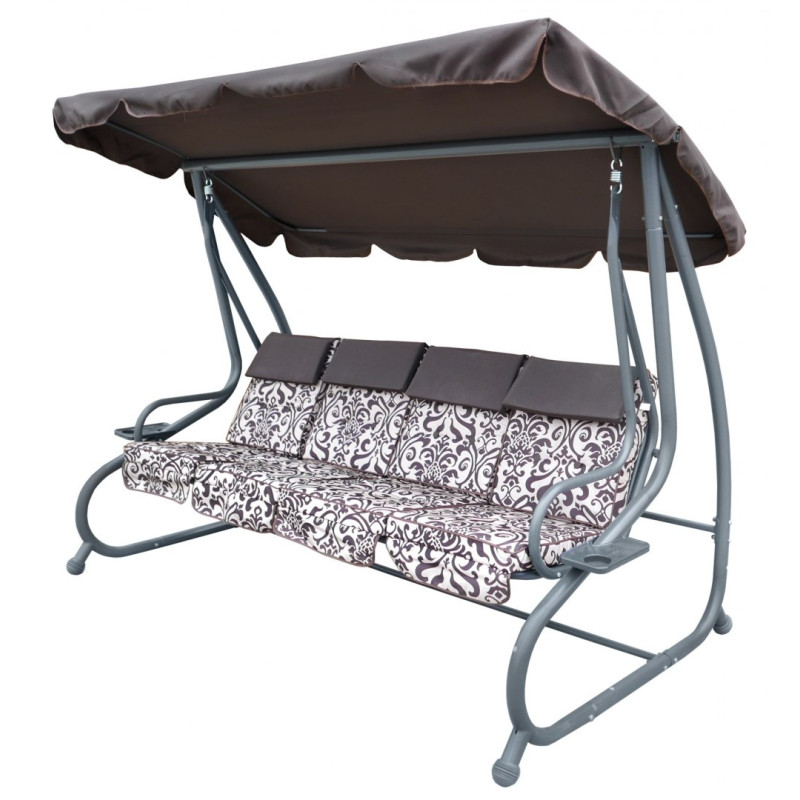Duża Huśtawka ogrodowa 4-osobowa Brązowy + Tekstylina + Daszek + Regulowane siedzisko + 4 Poduszki