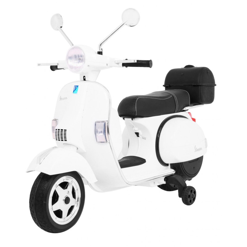 Skuter Vespa elektryczny dla dzieci Biały + Kółka pomocnicze + Audio + Ekoskóra + EVA + Wolny Start