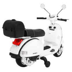 Skuter Vespa elektryczny dla dzieci Biały + Kółka pomocnicze + Audio + Ekoskóra + EVA + Wolny Start