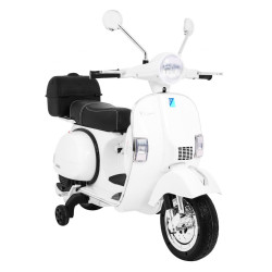 Skuter Vespa elektryczny dla dzieci Biały + Kółka pomocnicze + Audio + Ekoskóra + EVA + Wolny Start