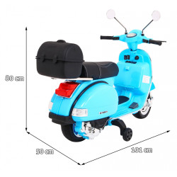 Skuter Vespa elektryczny dla dzieci Niebieski + Kółka pomocnicze + Audio + Ekoskóra + EVA + Wolny Start