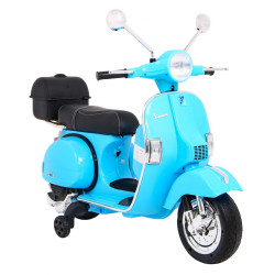 Skuter Vespa elektryczny dla dzieci Niebieski + Kółka pomocnicze + Audio + Ekoskóra + EVA + Wolny Start