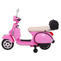 Skuter Vespa elektryczny dla dzieci Różowy + Kółka pomocnicze + Audio + Ekoskóra + EVA + Wolny Start